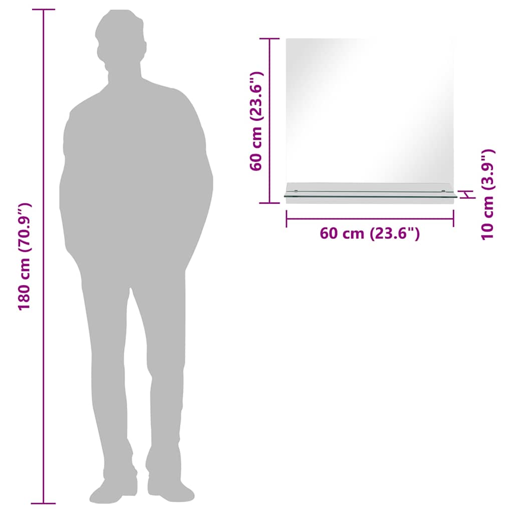 vidaXL Oglindă de perete cu raft, 60 x 60 cm, sticlă securizată