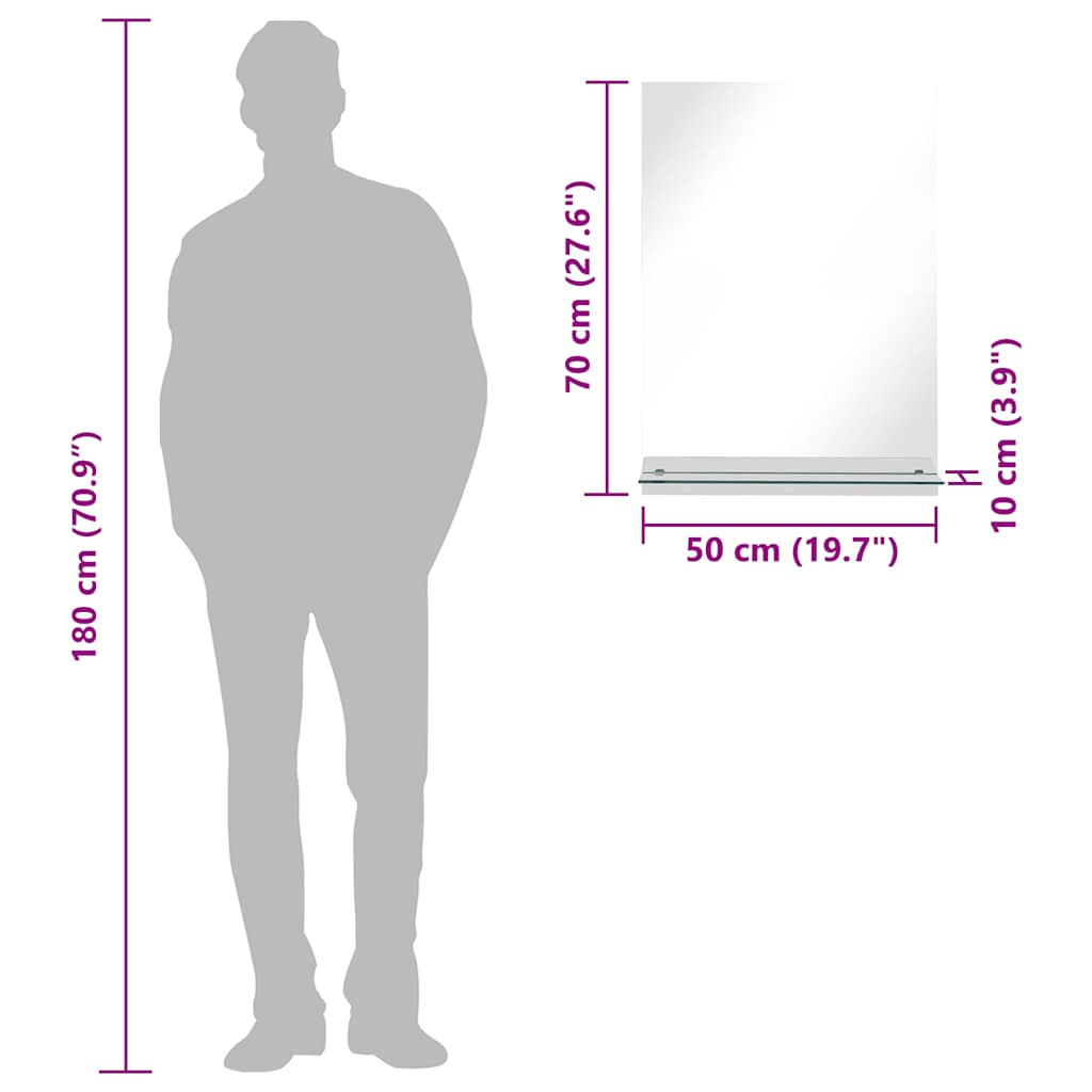 vidaXL Oglindă de perete cu raft, 50 x 70 cm, sticlă securizată