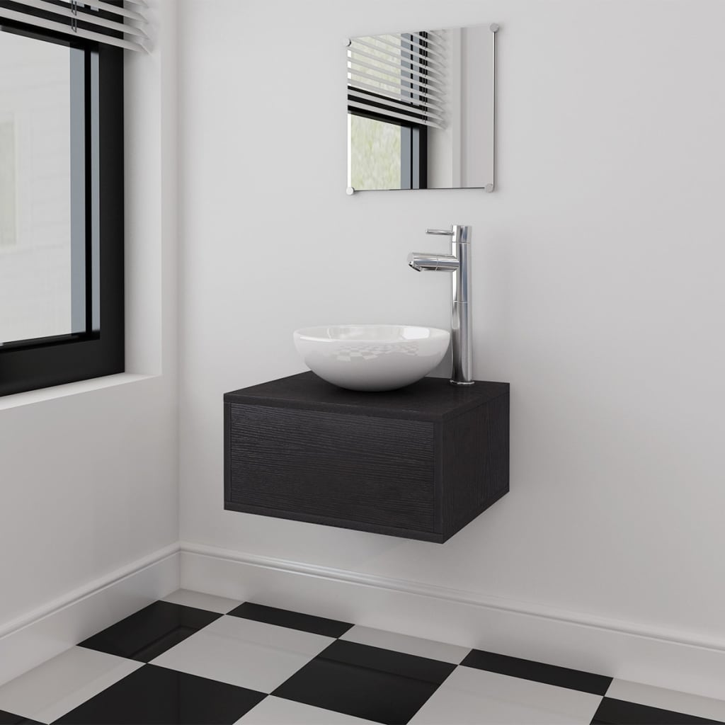 vidaXL Set mobilier baie format din 3 piese cu chiuvetă inclusă, Negru vidaXL Set mobilier baie format din 3 piese cu chiuvetă inclusă, Negru