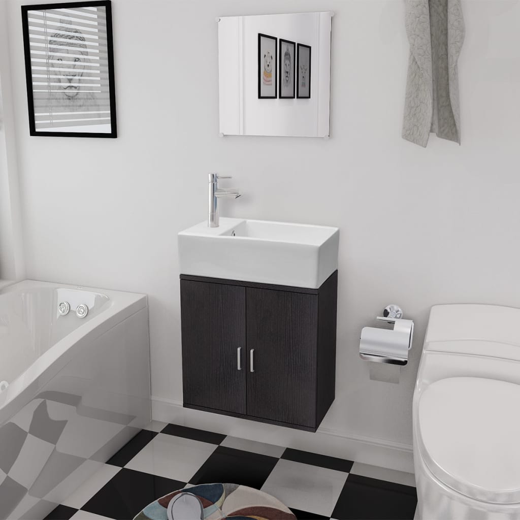 vidaXL Set mobilier baie format din 3 piese cu chiuvetă inclusă, Negru vidaXL Set mobilier baie format din 3 piese cu chiuvetă inclusă, Negru