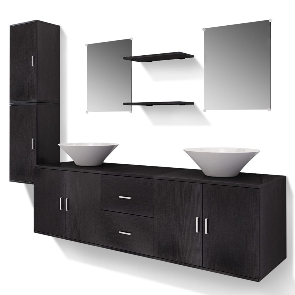 vidaXL Set mobilier baie format din 9 piese cu chiuvete incluse, Negru vidaXL Set mobilier baie format din 9 piese cu chiuvete incluse, Negru