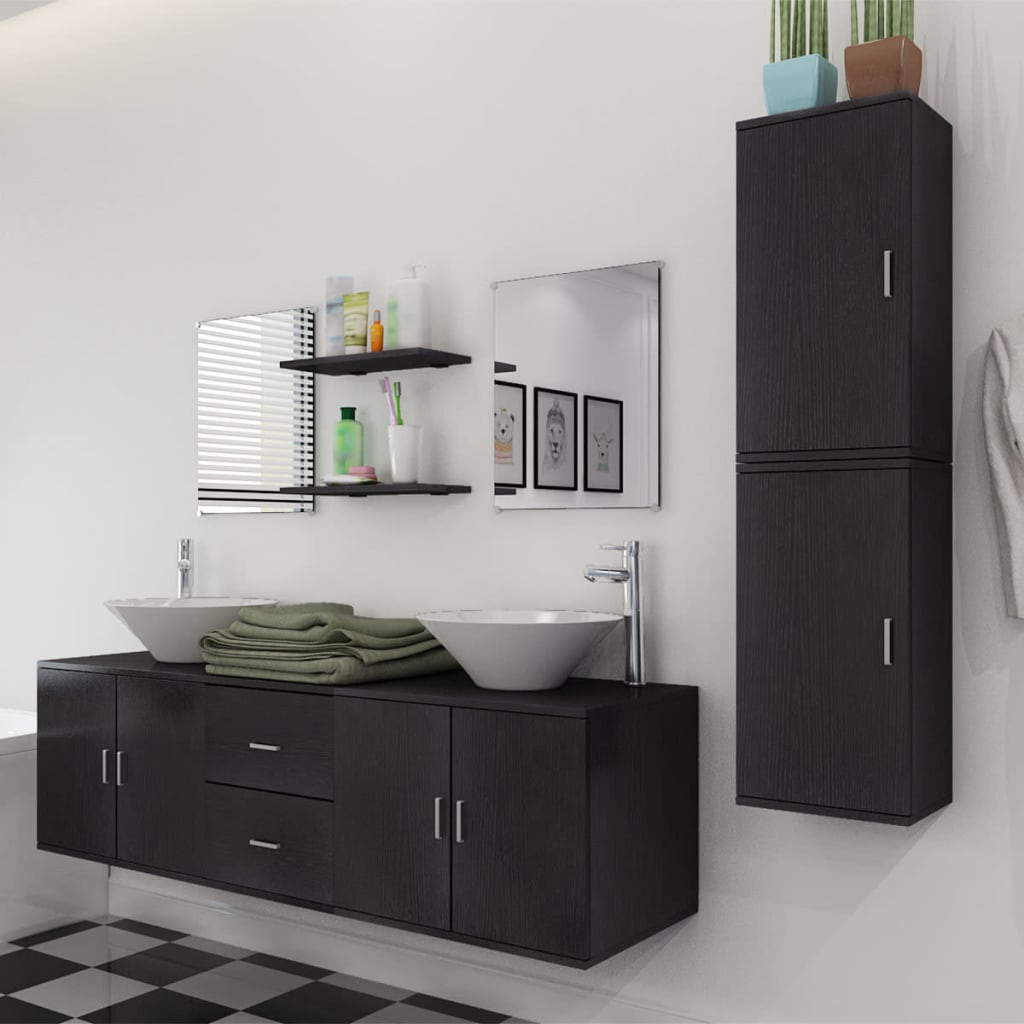 vidaXL Set mobilier baie format din 9 piese cu chiuvete incluse, Negru vidaXL Set mobilier baie format din 9 piese cu chiuvete incluse, Negru