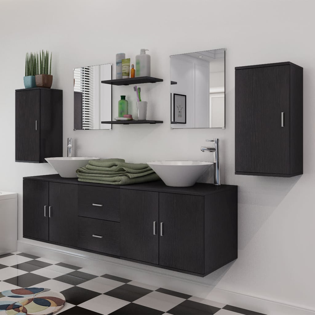vidaXL Set mobilier baie format din 9 piese cu chiuvete incluse, Negru vidaXL Set mobilier baie format din 9 piese cu chiuvete incluse, Negru