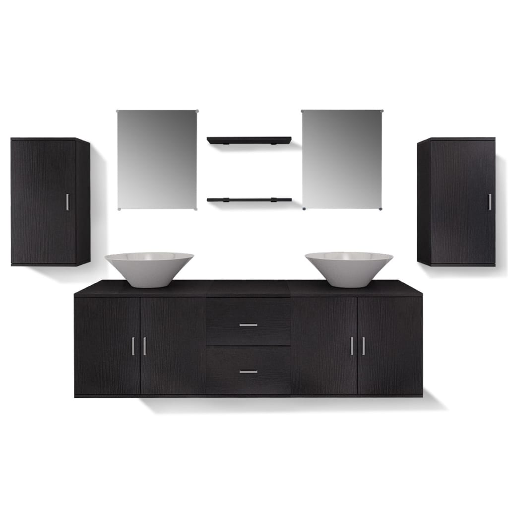 vidaXL Set mobilier baie format din 9 piese cu chiuvete incluse, Negru vidaXL Set mobilier baie format din 9 piese cu chiuvete incluse, Negru