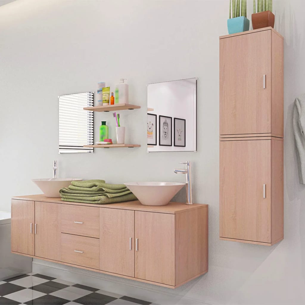 vidaXL Set mobilier baie format din 9 piese cu chiuvete incluse, Bej vidaXL Set mobilier baie format din 9 piese cu chiuvete incluse, Bej