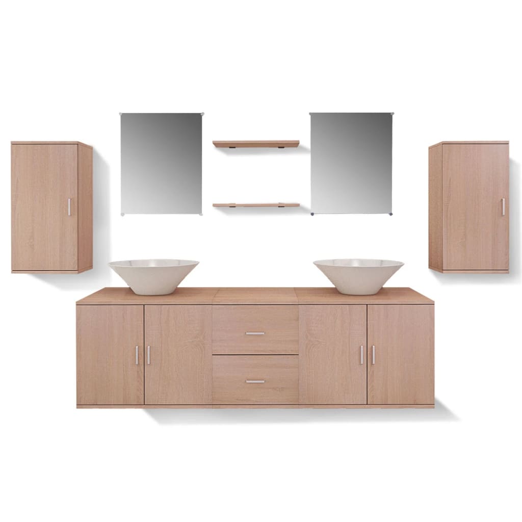 vidaXL Set mobilier baie format din 9 piese cu chiuvete incluse, Bej vidaXL Set mobilier baie format din 9 piese cu chiuvete incluse, Bej