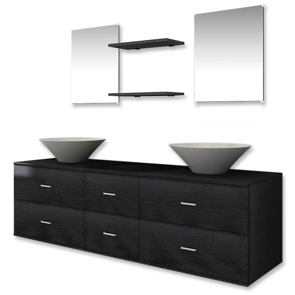 vidaXL Set de mobilier de baie cu 7 piese și chiuvete incluse, negru vidaXL Set de mobilier de baie cu 7 piese și chiuvete incluse, negru