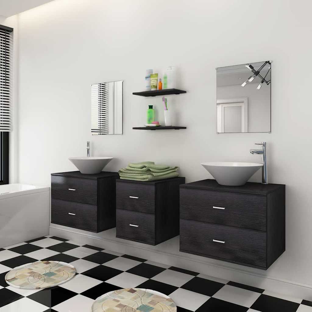 vidaXL Set de mobilier de baie cu 7 piese și chiuvete incluse, negru vidaXL Set de mobilier de baie cu 7 piese și chiuvete incluse, negru