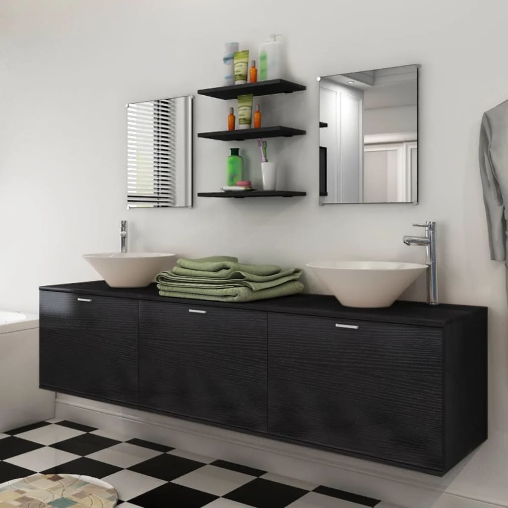 vidaXL Set mobilier baie format din 8 piese cu chiuvete incluse, Negru vidaXL Set mobilier baie format din 8 piese cu chiuvete incluse, Negru