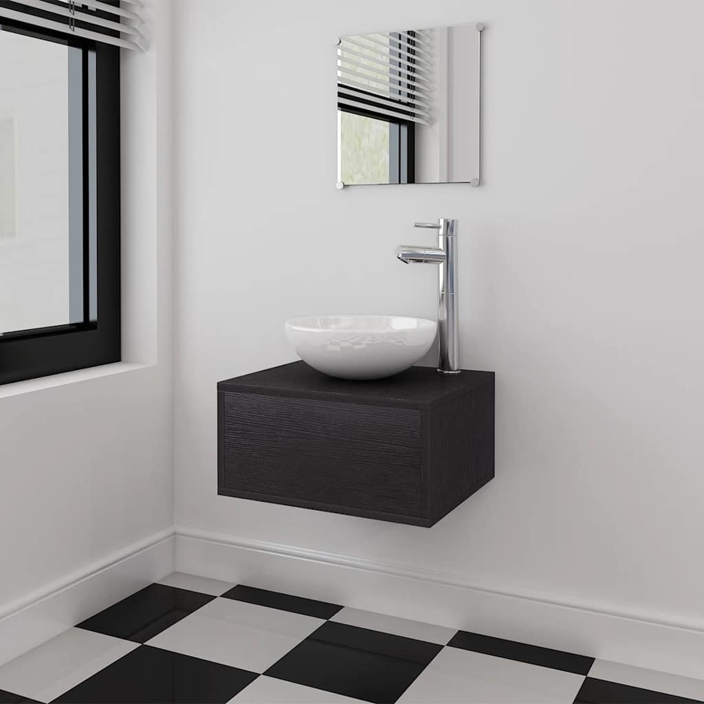 vidaXL Set mobilier baie 4 piese cu chiuvetă și robinet incluse, Negru vidaXL Set mobilier baie 4 piese cu chiuvetă și robinet incluse, Negru