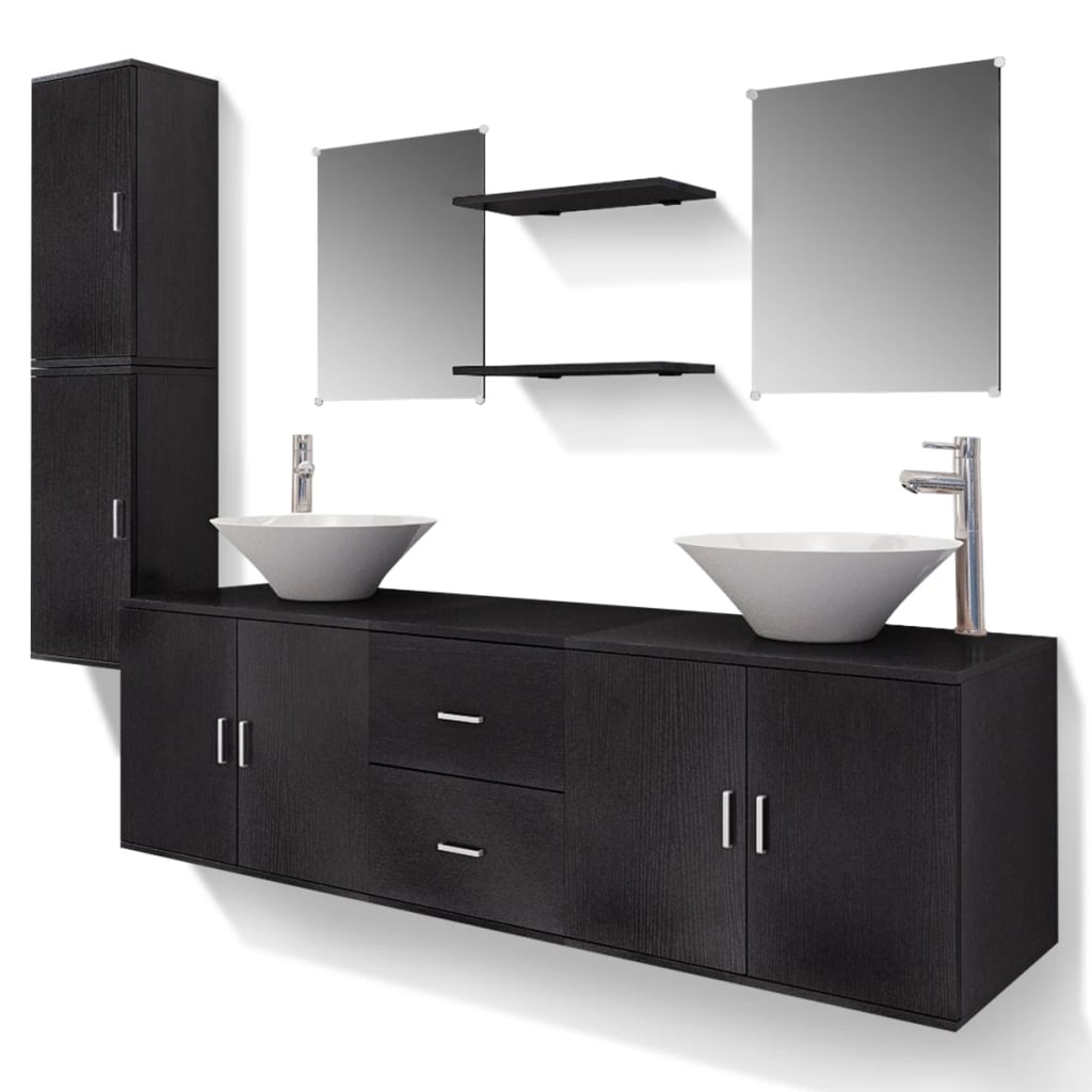 vidaXL Set mobilier baie 11 piese, chiuvete și robinete incluse, negru vidaXL Set mobilier baie 11 piese, chiuvete și robinete incluse, negru