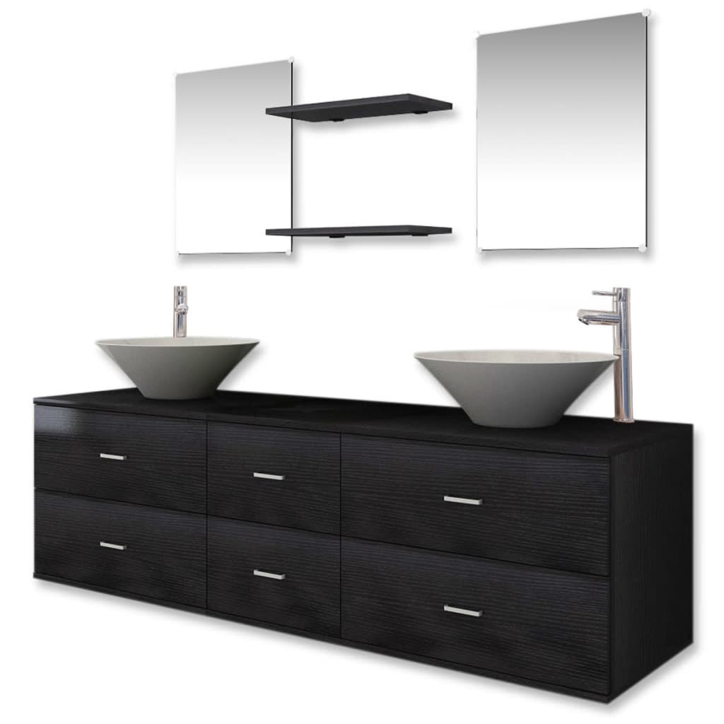 vidaXL Set mobilier de baie, 9 piese, cu chiuvetă și robinet, negru
