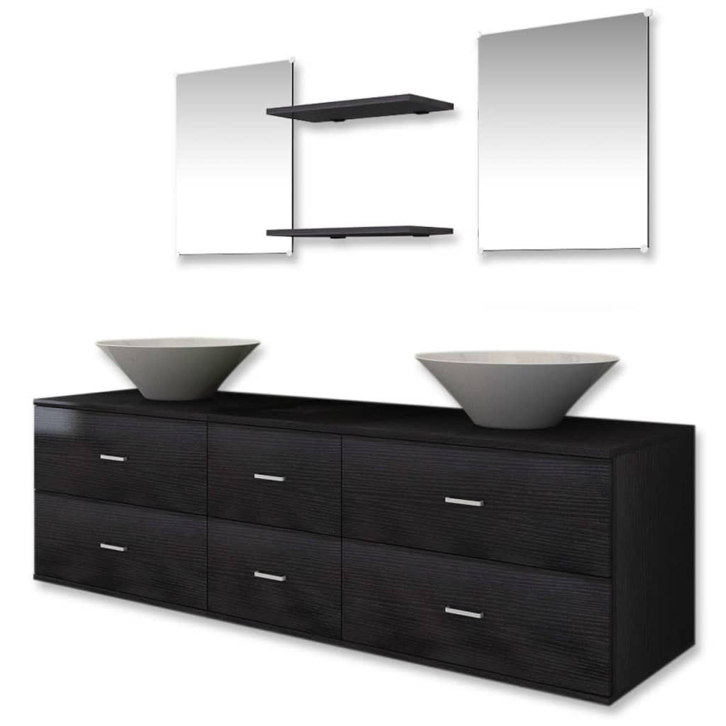 vidaXL Set mobilier de baie, 9 piese, cu chiuvetă și robinet, negru