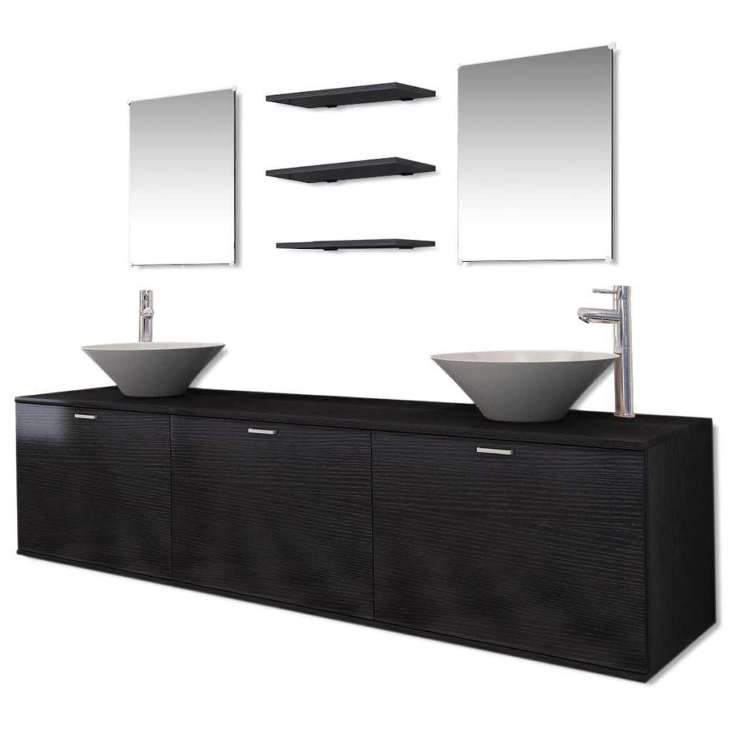 vidaXL Set mobilier baie 10 piese, chiuvete și robinete incluse, negru vidaXL Set mobilier baie 10 piese, chiuvete și robinete incluse, negru