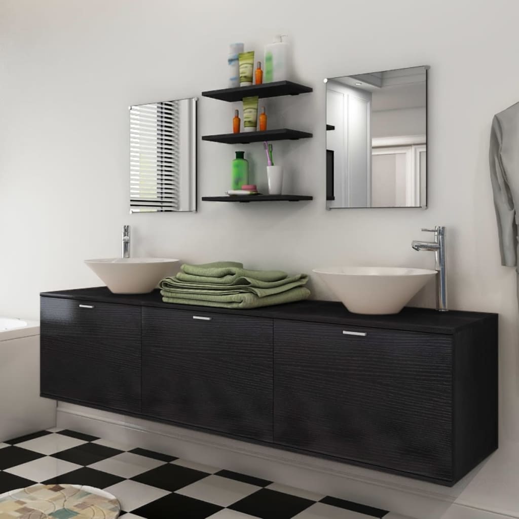 vidaXL Set mobilier baie 10 piese, chiuvete și robinete incluse, negru vidaXL Set mobilier baie 10 piese, chiuvete și robinete incluse, negru