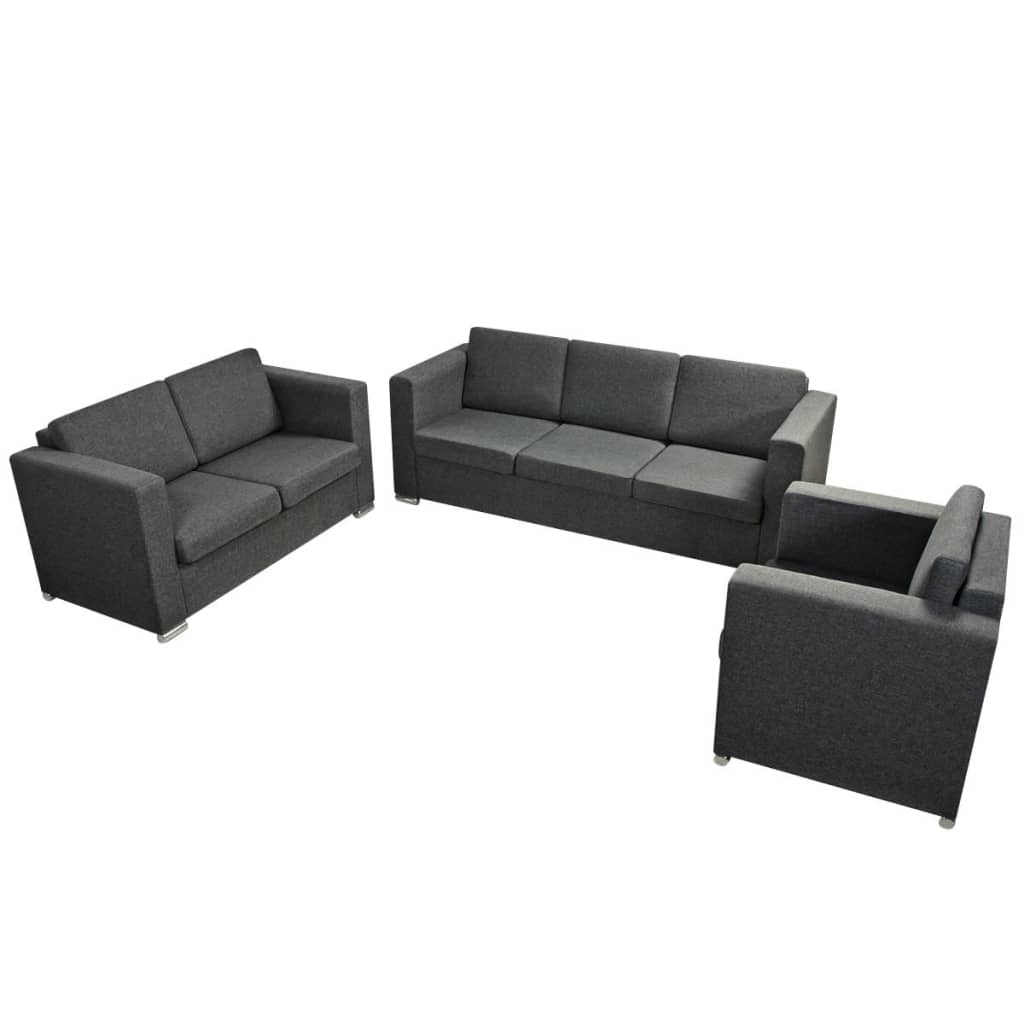 vidaXL Set canapele, 3 piese, gri închis, material textil vidaXL Set canapele, 3 piese, gri închis, material textil