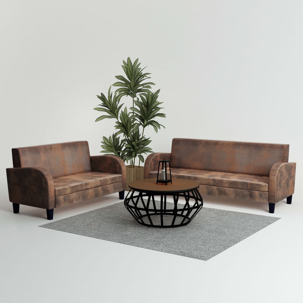 vidaXL Set canapea, 2 buc., piele artificială de căprioară, maro vidaXL Set canapea, 2 buc., piele artificială de căprioară, maro