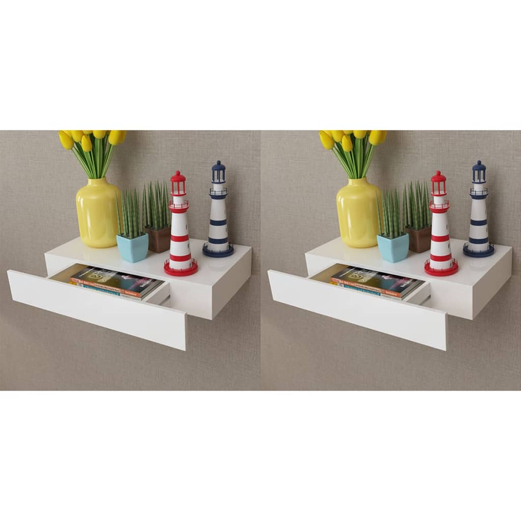 vidaXL Rafturi de perete suspendate cu sertare, 2 buc., alb, 48 cm vidaXL Rafturi de perete suspendate cu sertare, 2 buc., alb, 48 cm
