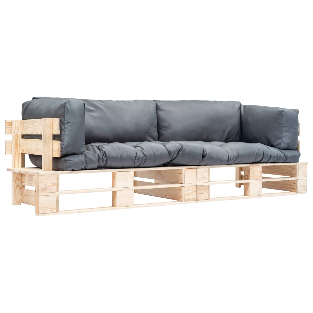 vidaXL Set canapea grădină paleți cu perne gri, 2 piese, lemn de pin vidaXL Set canapea grădină paleți cu perne gri, 2 piese, lemn de pin