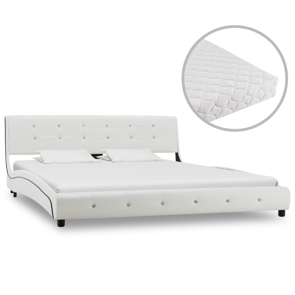 vidaXL Pat cu saltea, alb, 160 x 200 cm, piele ecologică