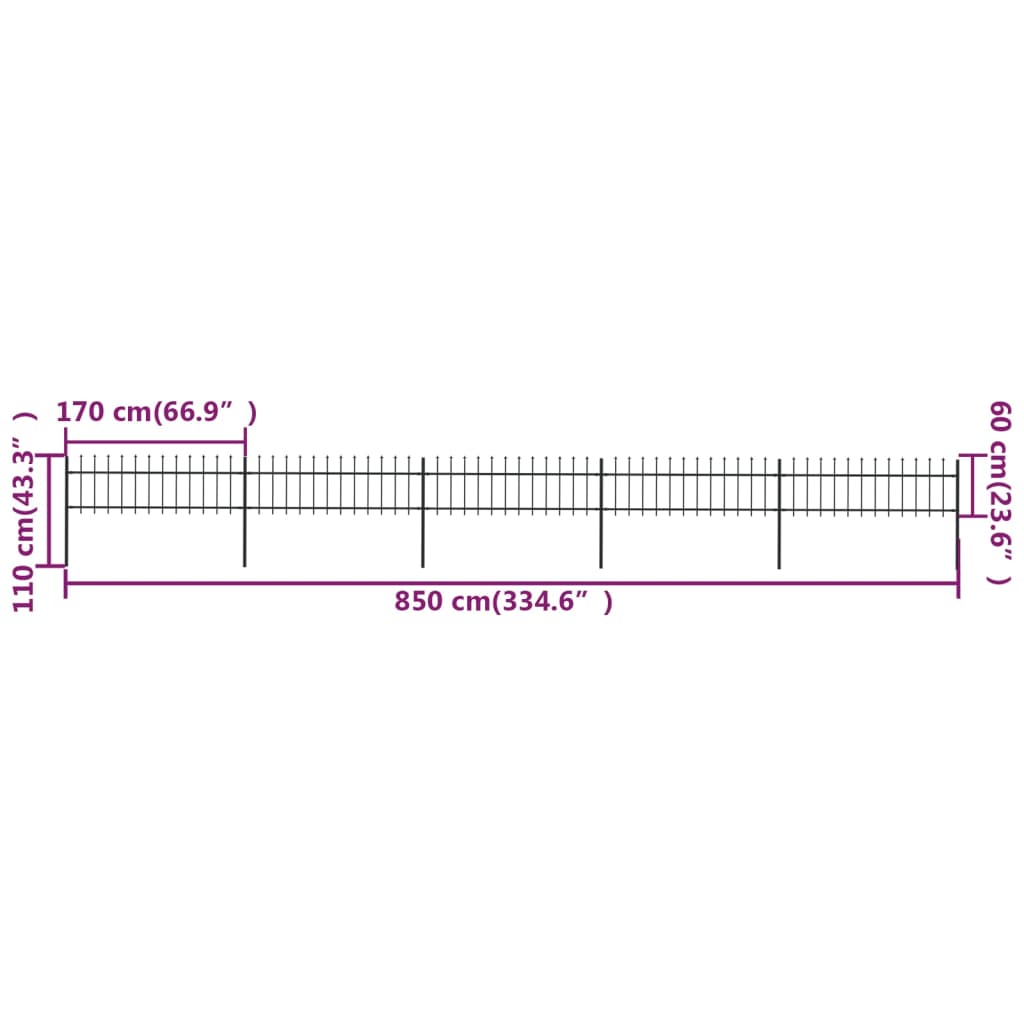 vidaXL Gard de grădină cu vârf tip suliță din oțel 892,5x60 cm, negru