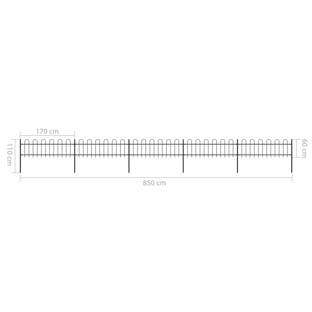vidaXL Gard de grădină cu vârf circular din oțel, 892,5 x 60 cm, negru