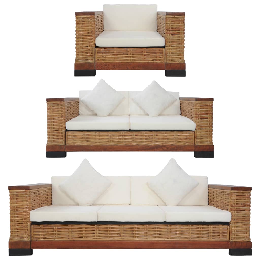 vidaXL Set canapele cu perne, 3 piese, maro, ratan natural