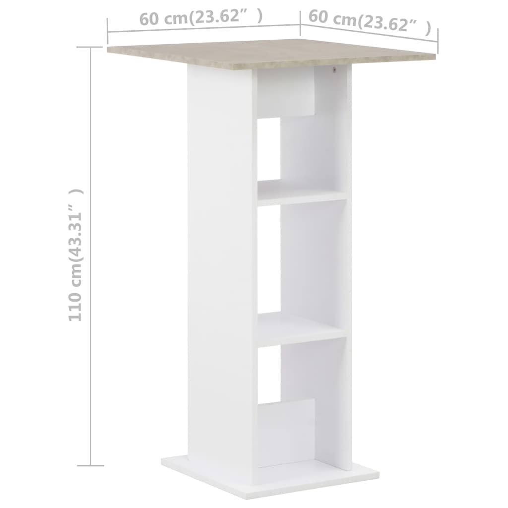 vidaXL Masă de bar, alb și gri beton, 60 x 60 x 110 cm