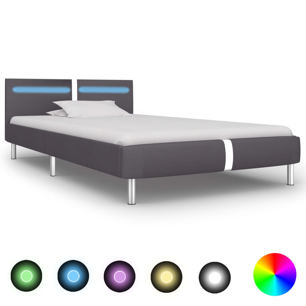 vidaXL Cadru de pat cu LED, gri, 90 x 200 cm, piele artificială vidaXL Cadru de pat cu LED, gri, 90 x 200 cm, piele artificială