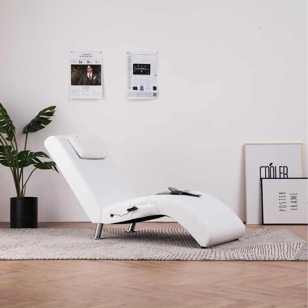 vidaXL Șezlong de masaj cu pernă, alb, piele artificială vidaXL Șezlong de masaj cu pernă, alb, piele artificială