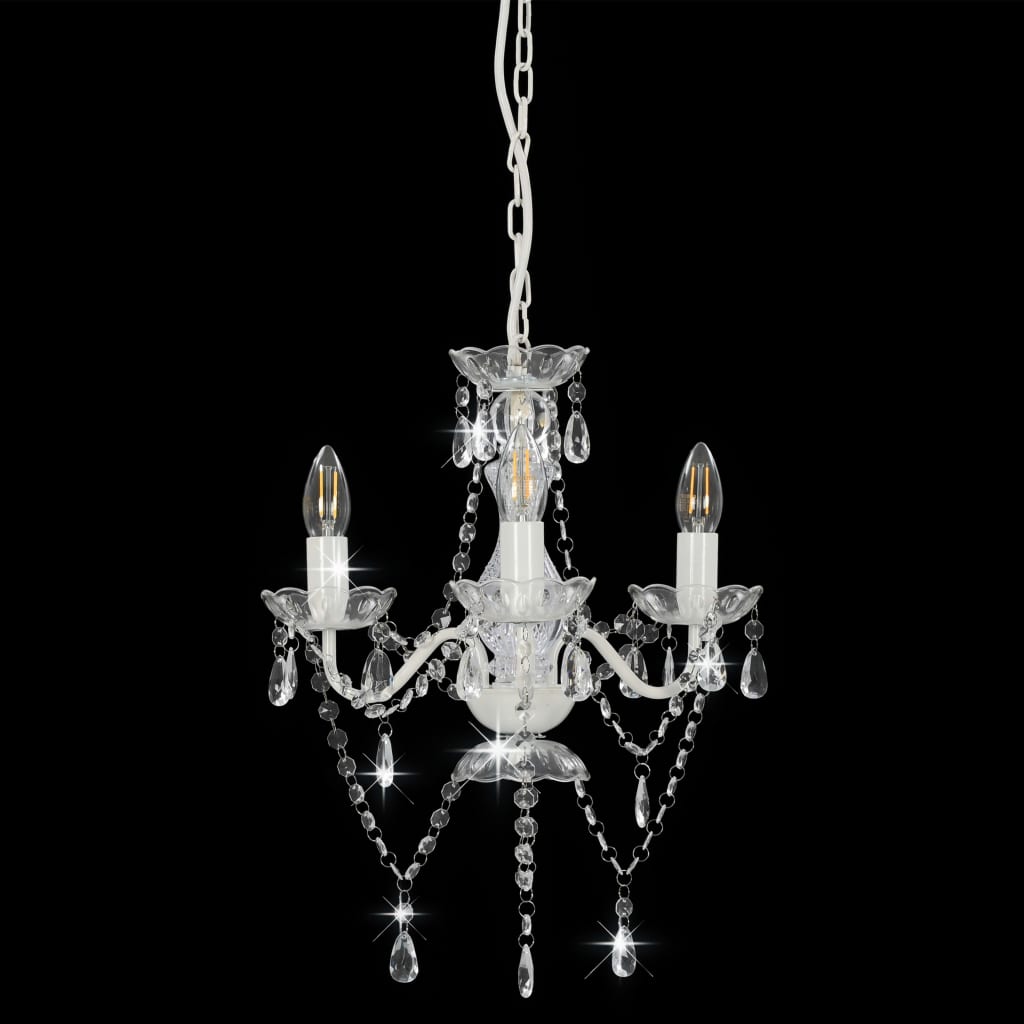 vidaXL Candelabru cu mărgele, alb, rotund, 3 becuri E14
