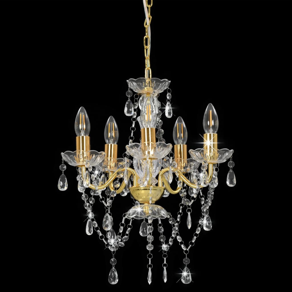 vidaXL Candelabru cu mărgele de cristal, auriu, rotund, 5 x E14 vidaXL Candelabru cu mărgele de cristal, auriu, rotund, 5 x E14