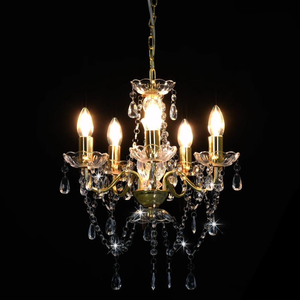 vidaXL Candelabru cu mărgele de cristal, auriu, rotund, 5 x E14 vidaXL Candelabru cu mărgele de cristal, auriu, rotund, 5 x E14