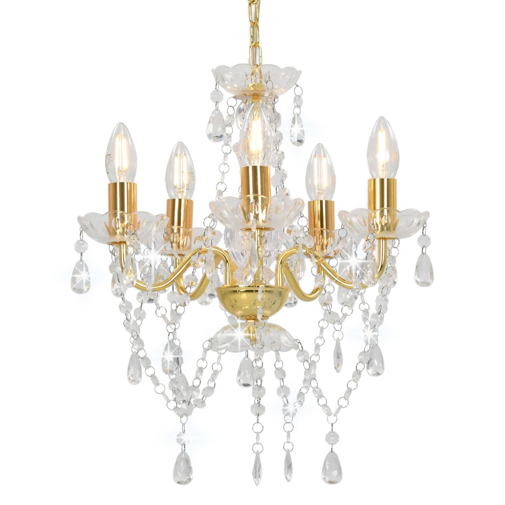vidaXL Candelabru cu mărgele de cristal, auriu, rotund, 5 x E14 vidaXL Candelabru cu mărgele de cristal, auriu, rotund, 5 x E14
