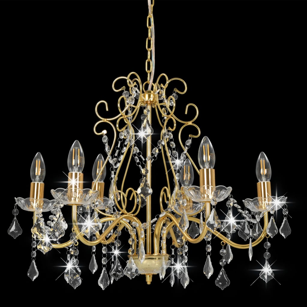 vidaXL Candelabru cu mărgele de cristal, auriu, rotund, 6 x E14 vidaXL Candelabru cu mărgele de cristal, auriu, rotund, 6 x E14