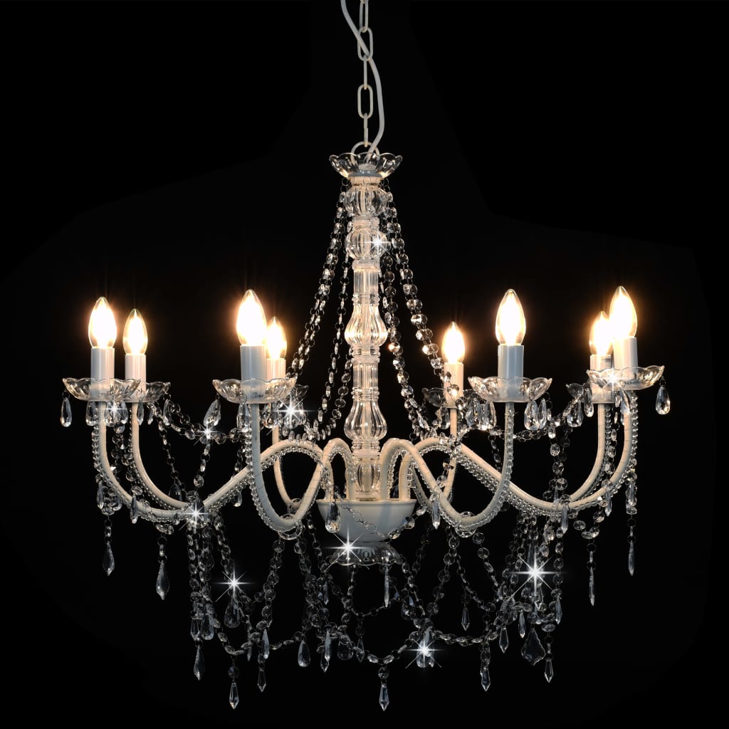 vidaXL Candelabru cu mărgele, alb, 8 becuri E14 vidaXL Candelabru cu mărgele, alb, 8 becuri E14