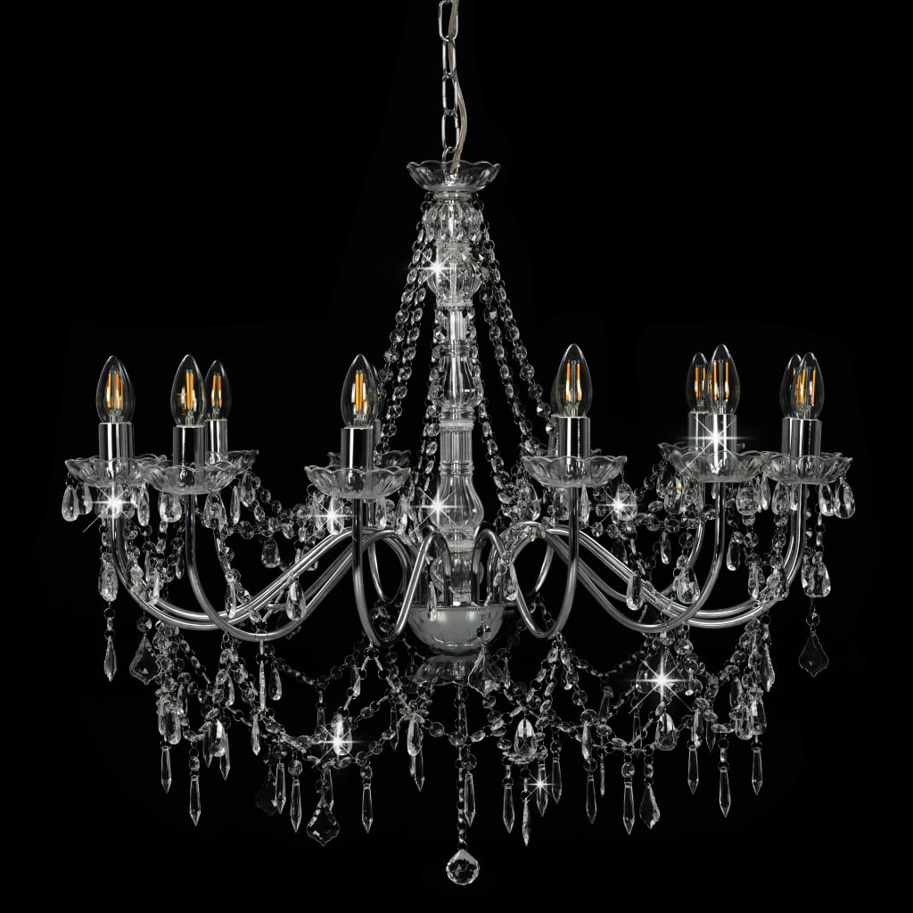 vidaXL Candelabru cu mărgele, argintiu, 12 becuri x E14 vidaXL Candelabru cu mărgele, argintiu, 12 becuri x E14