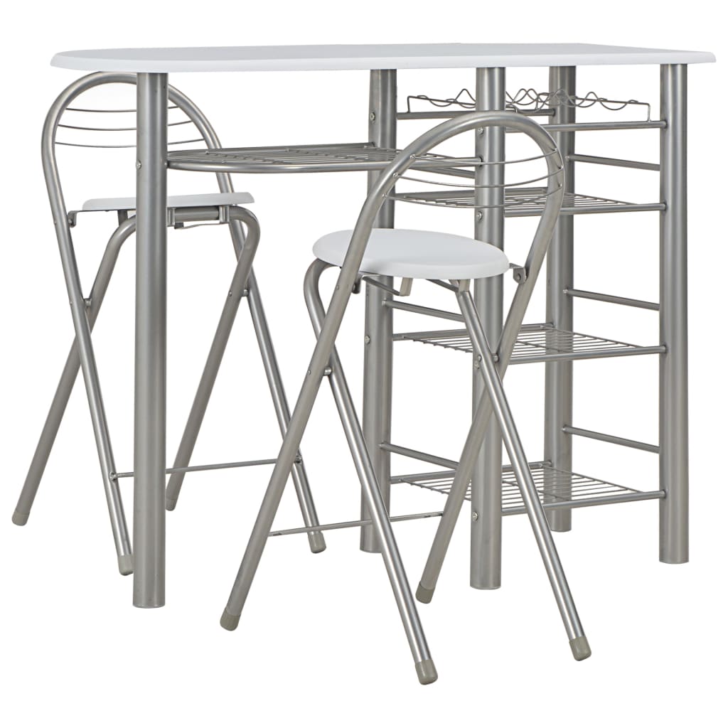 vidaXL Set mobilier de bar, cu rafturi, 3 piese, alb, lemn și oțel vidaXL Set mobilier de bar, cu rafturi, 3 piese, alb, lemn și oțel