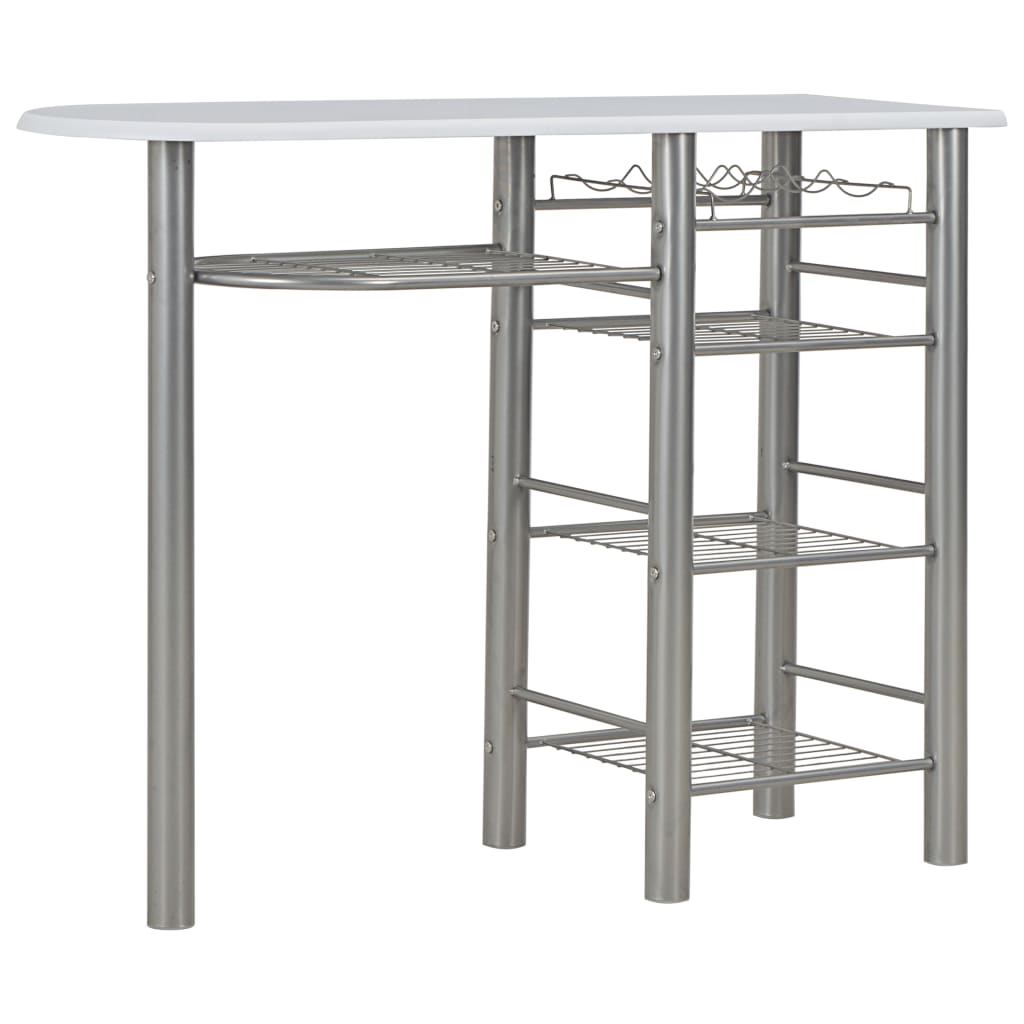 vidaXL Set mobilier de bar, cu rafturi, 3 piese, alb, lemn și oțel vidaXL Set mobilier de bar, cu rafturi, 3 piese, alb, lemn și oțel