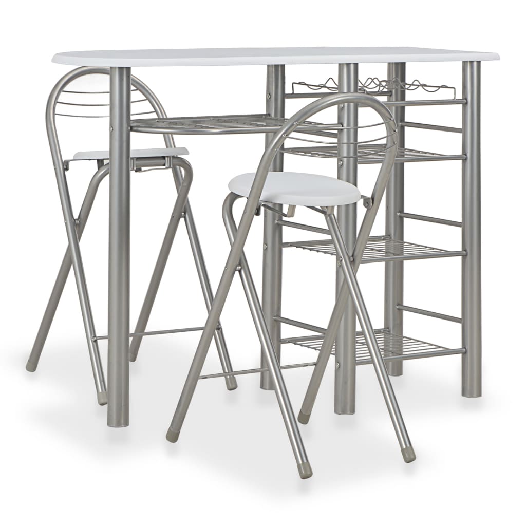 vidaXL Set mobilier de bar, cu rafturi, 3 piese, alb, lemn și oțel vidaXL Set mobilier de bar, cu rafturi, 3 piese, alb, lemn și oțel