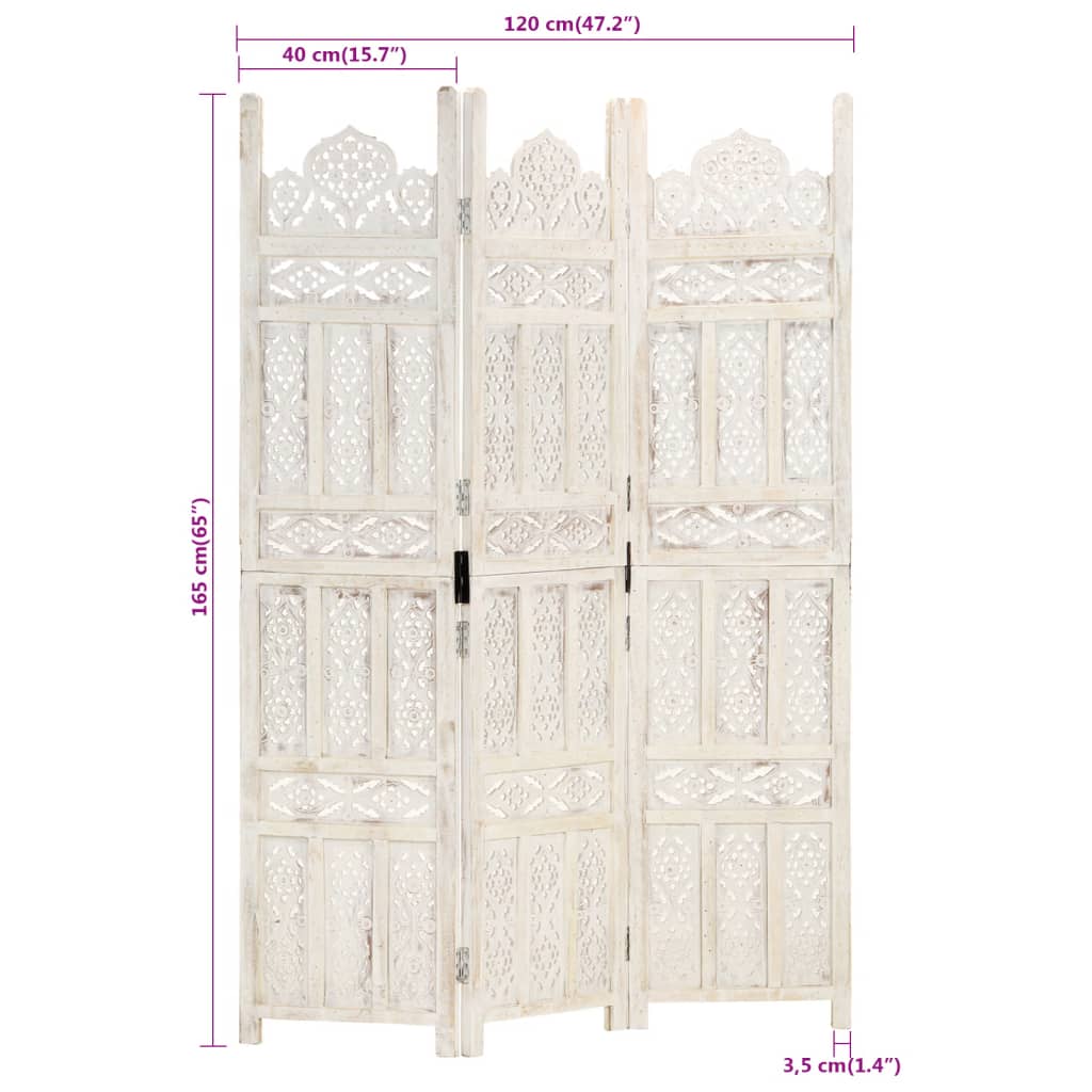 vidaXL Paravan cameră sculptat manual 3 panouri alb 120x165 cm mango vidaXL Paravan cameră sculptat manual 3 panouri alb 120x165 cm mango
