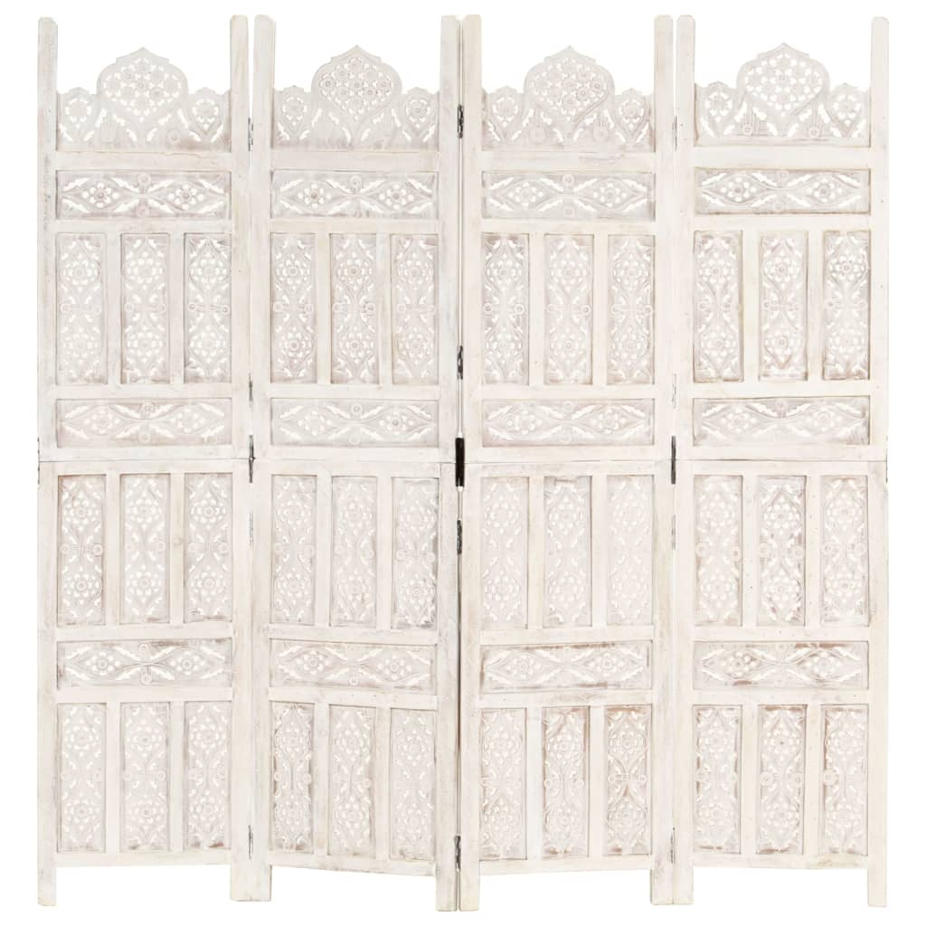 vidaXL Paravan cameră sculptat manual, 4 panouri, alb 160x165 cm mango vidaXL Paravan cameră sculptat manual, 4 panouri, alb 160x165 cm mango