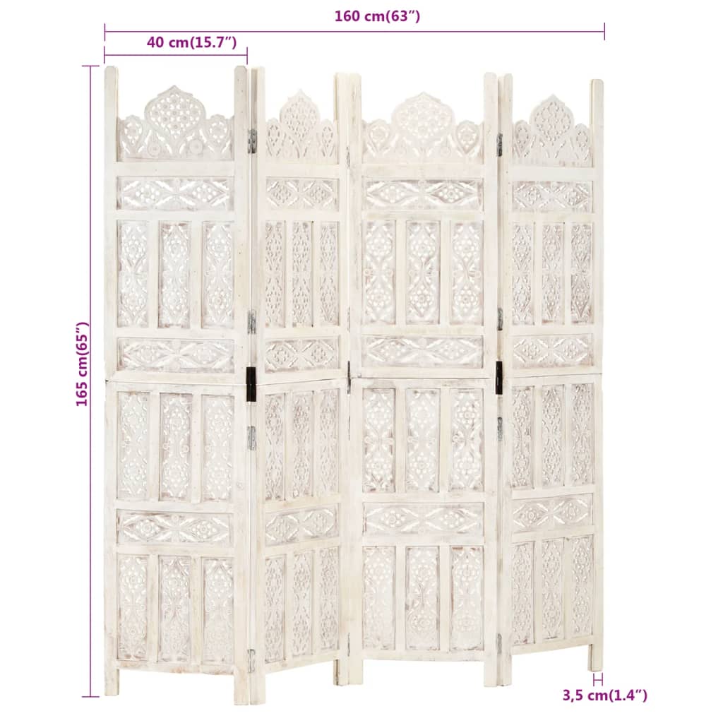 vidaXL Paravan cameră sculptat manual, 4 panouri, alb 160x165 cm mango vidaXL Paravan cameră sculptat manual, 4 panouri, alb 160x165 cm mango