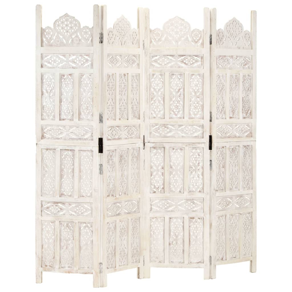 vidaXL Paravan cameră sculptat manual, 4 panouri, alb 160x165 cm mango vidaXL Paravan cameră sculptat manual, 4 panouri, alb 160x165 cm mango