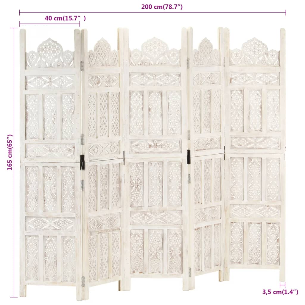 vidaXL Paravan cameră sculptat manual 5 panouri alb 200x165 cm mango vidaXL Paravan cameră sculptat manual 5 panouri alb 200x165 cm mango