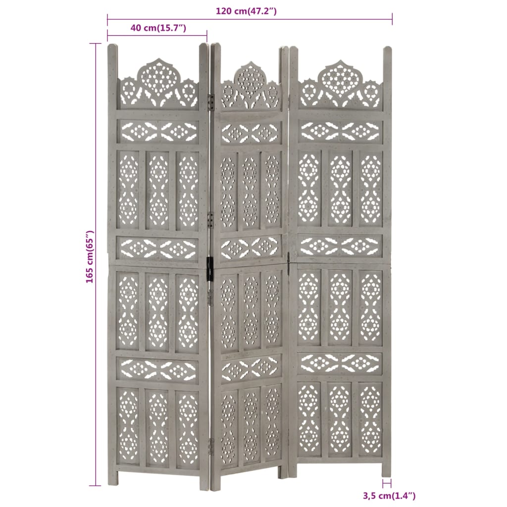 vidaXL Paravan cameră sculptat manual 3 panouri gri 120x165 cm mango vidaXL Paravan cameră sculptat manual 3 panouri gri 120x165 cm mango