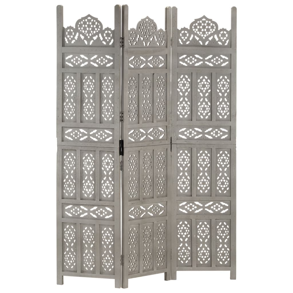 vidaXL Paravan cameră sculptat manual 3 panouri gri 120x165 cm mango vidaXL Paravan cameră sculptat manual 3 panouri gri 120x165 cm mango