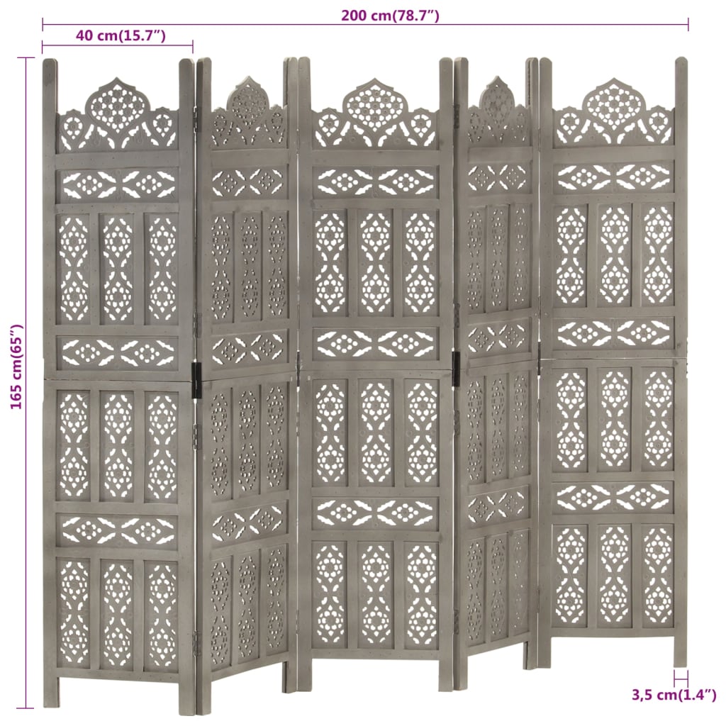 vidaXL Paravan cameră sculptat manual 5 panouri gri 200x165 cm mango vidaXL Paravan cameră sculptat manual 5 panouri gri 200x165 cm mango