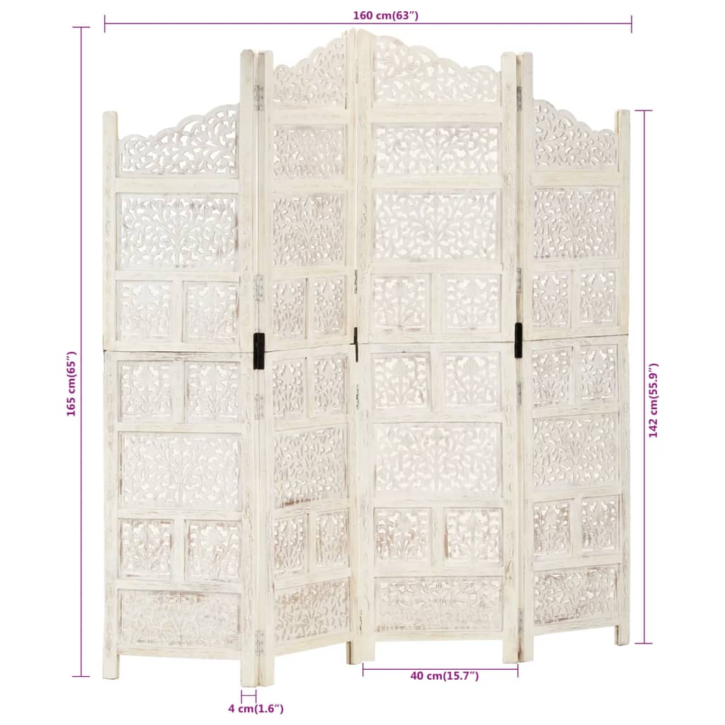 vidaXL Paravan cameră sculptat manual, 4 panouri, alb 160x165 cm mango vidaXL Paravan cameră sculptat manual, 4 panouri, alb 160x165 cm mango