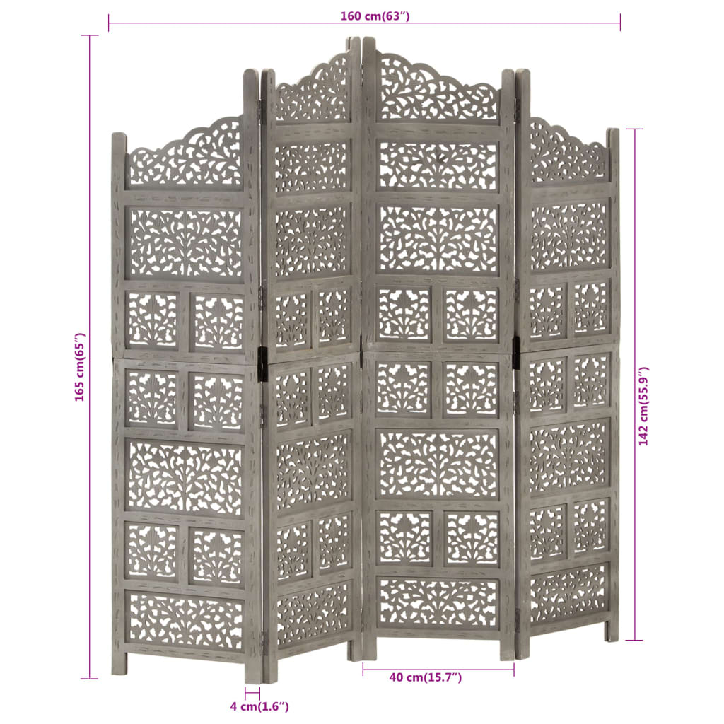 vidaXL Paravan cameră sculptat manual 4 panouri gri 160x165 cm mango vidaXL Paravan cameră sculptat manual 4 panouri gri 160x165 cm mango